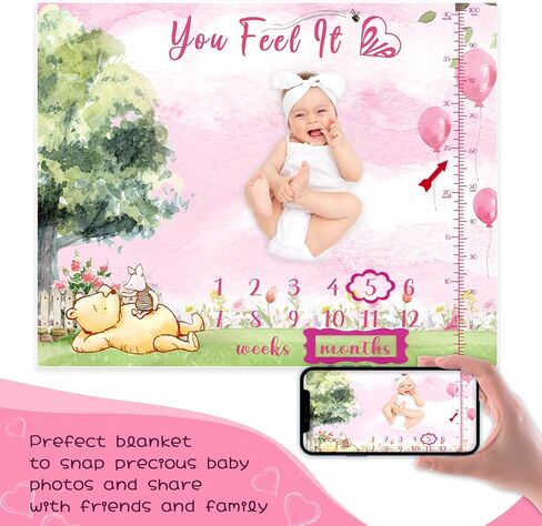 E.Tnal Pink Classic Pooh Baby Stuff - بطانية ويني بيبي الشهرية لديكور الحضانة المحشوة للفتيات الصغيرات Pooh Bear مقاس 47 بوصة × 40 بوصة in Kuwait