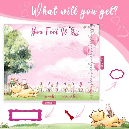 E.Tnal Pink Classic Pooh Baby Stuff - بطانية ويني بيبي الشهرية لديكور الحضانة المحشوة للفتيات الصغيرات Pooh Bear مقاس 47 بوصة × 40 بوصة in Kuwait