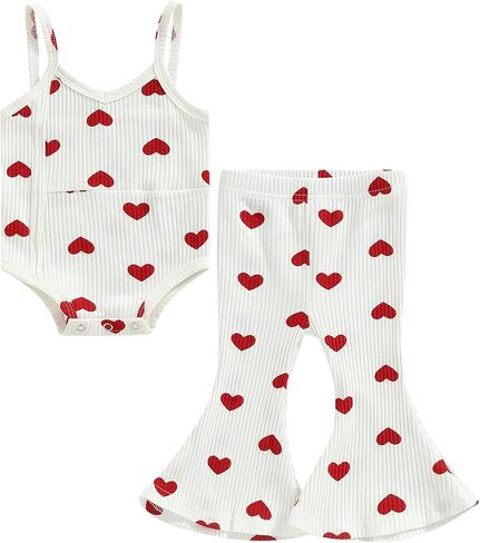 Lamuusaa Newborn Baby Girl Valentines Day Outfit Sleeveless Love Romper Onesie Ribbed Flared Pants Summer Clothes 0-3T in Saudi Arabia