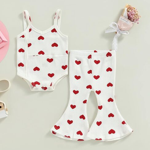 Lamuusaa Newborn Baby Girl Valentines Day Outfit Sleeveless Love Romper Onesie Ribbed Flared Pants Summer Clothes 0-3T in Saudi Arabia
