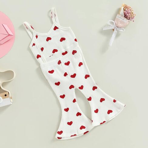 Lamuusaa Newborn Baby Girl Valentines Day Outfit Sleeveless Love Romper Onesie Ribbed Flared Pants Summer Clothes 0-3T in Saudi Arabia