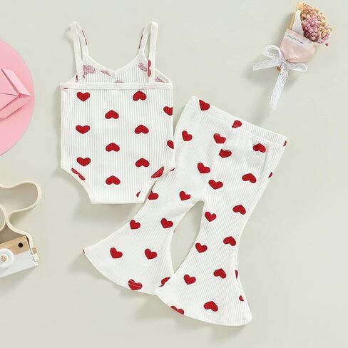 Lamuusaa Newborn Baby Girl Valentines Day Outfit Sleeveless Love Romper Onesie Ribbed Flared Pants Summer Clothes 0-3T in Saudi Arabia