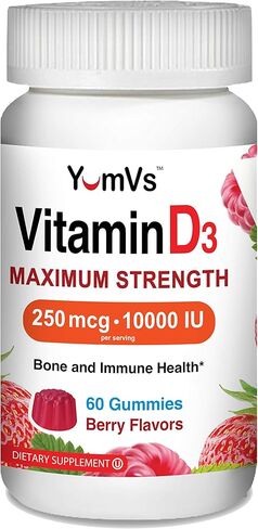 YUM-V'S فيتامين D3 10000 وحدة دولية علكة ذات قوة قصوى للبالغين من YumVs | فيتامين د 5000 وحدة دولية لكل علكة | 250 ميكروجرام – فيتامين د لكل جرعة | كوشير نباتي قابل للمضغ بنكهة التوت - 60 قطعة in Kuwait