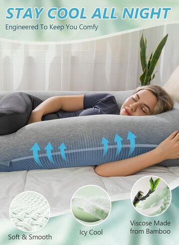 وسائد الحمل من ميز، غطاء رايون من وسائد الحمل المصنوعة من الخيزران للنوم، وسادة أمومة باردة للنساء الحوامل، وسائد للجسم على شكل حرف U مقاس 55 بوصة للبالغين، رمادي in Kuwait