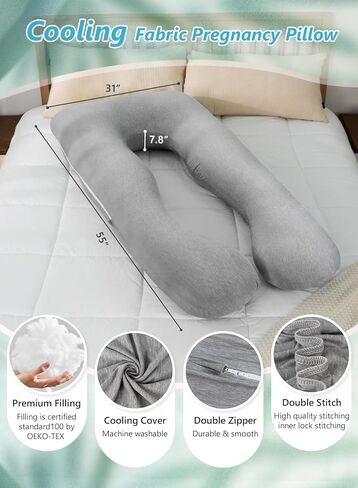 وسائد الحمل من ميز، غطاء رايون من وسائد الحمل المصنوعة من الخيزران للنوم، وسادة أمومة باردة للنساء الحوامل، وسائد للجسم على شكل حرف U مقاس 55 بوصة للبالغين، رمادي in Kuwait
