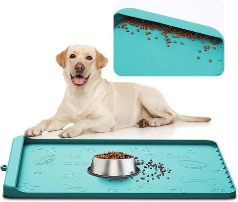 بساط سيليكون للحيوانات الاليفة للطعام والماء، بساط لارضيات القطط والكلاب مقاوم للماء، بساط طعام للكلاب مع جيب لامساك الانسكابات والبقايا، مقاس كبير 36 × 24 انش، اخضر in Kuwait