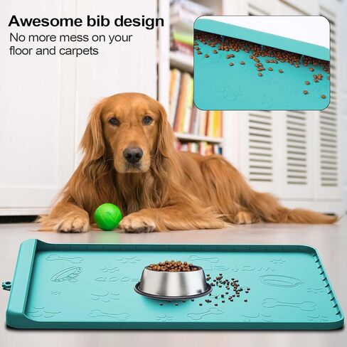بساط سيليكون للحيوانات الاليفة للطعام والماء، بساط لارضيات القطط والكلاب مقاوم للماء، بساط طعام للكلاب مع جيب لامساك الانسكابات والبقايا، مقاس كبير 36 × 24 انش، اخضر in Kuwait
