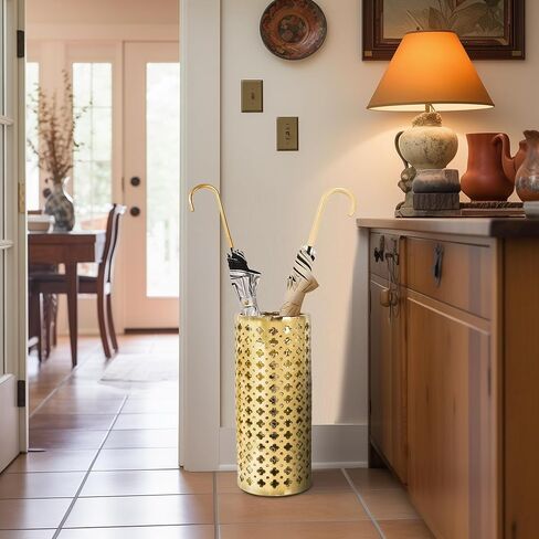 ARSTRIA حامل مظلة سيراميك مصنوع يدويًا، حامل مظلة فاخر مجوف يدويًا، مزهرية كبيرة منحوتة يدويًا لعصي المظلة، وعصي المشي، مدخل داخلي، 45.72 سم ذهبي عالي in Kuwait