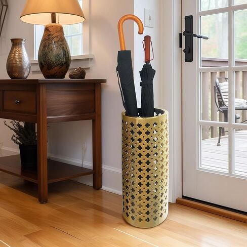 ARSTRIA حامل مظلة سيراميك مصنوع يدويًا، حامل مظلة فاخر مجوف يدويًا، مزهرية كبيرة منحوتة يدويًا لعصي المظلة، وعصي المشي، مدخل داخلي، 45.72 سم ذهبي عالي in Kuwait