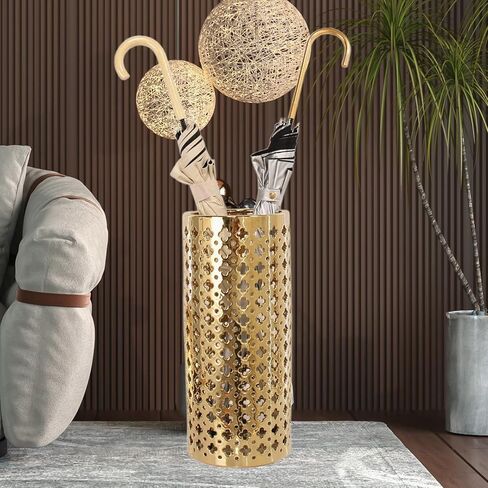 ARSTRIA حامل مظلة سيراميك مصنوع يدويًا، حامل مظلة فاخر مجوف يدويًا، مزهرية كبيرة منحوتة يدويًا لعصي المظلة، وعصي المشي، مدخل داخلي، 45.72 سم ذهبي عالي in Kuwait