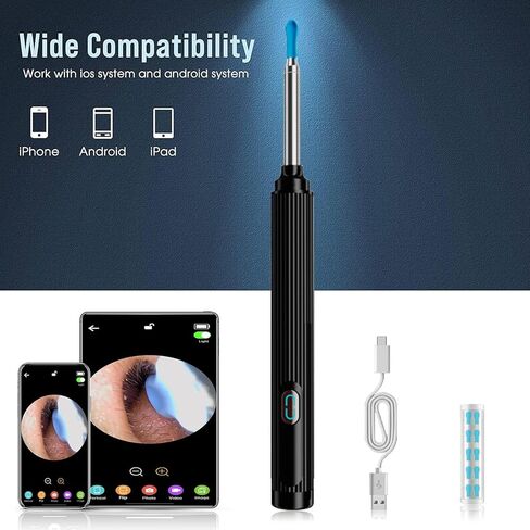 أداة إزالة شمع الأذن بالكاميرا لإزالة شمع الأذن - أداة إزالة شمع الأذن مع مجموعة 8 قطع للأذن - مجموعة إزالة شمع الأذن مع ضوء - منظف الأذن مع الكاميرا - منظف الأذن لأجهزة Android وiOS (أسود-B) in Kuwait