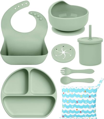 Baby Led Weaning Supplies, Complete BPA Free Silicone Baby Feeding Set, 8pc Eating Supplies with Infant Suction Bowl and Plates, Bowl Cup Spoon and Fork Set, Infant Utensils Dish for Baby in Kuwait