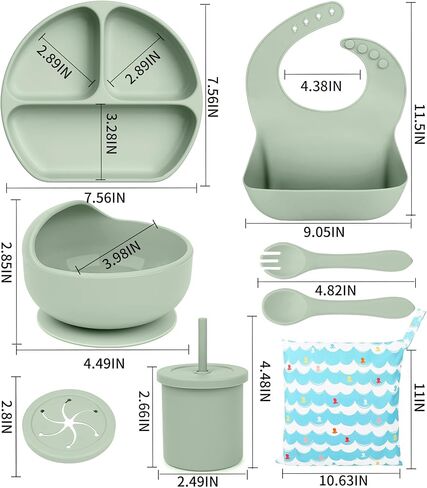 Baby Led Weaning Supplies, Complete BPA Free Silicone Baby Feeding Set, 8pc Eating Supplies with Infant Suction Bowl and Plates, Bowl Cup Spoon and Fork Set, Infant Utensils Dish for Baby in Kuwait