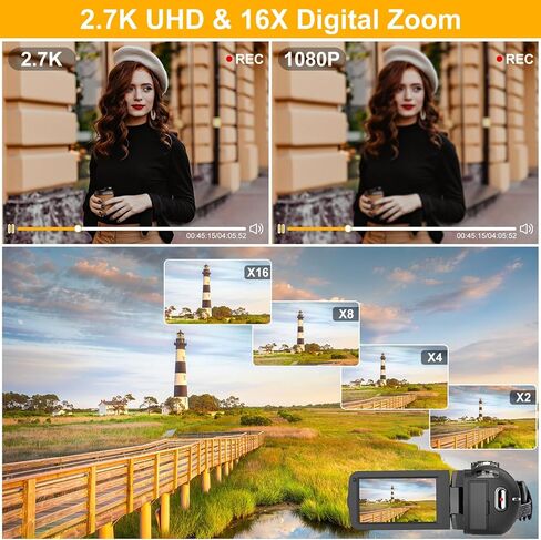 كاميرا فيديو FJFJOPK - 2.7K 30FPS 36MP IR للرؤية الليلية مسجل كاميرا تسجيل فيديو | كاميرا فيديو 3.0 بوصة تعمل باللمس، تكبير 16X مع ميكروفون، مثبت يدوي، بطاريتين in Kuwait