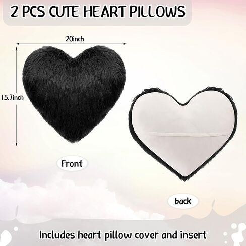 Enhon 2 Pcs Heart Pillows Heart Shaped Throw Decorative Pillows 20 x 15.7 Inch Plush Cute Soft Heart Pillows for Bedroom Living Kids Room Sofa Office (Black) in Saudi Arabia