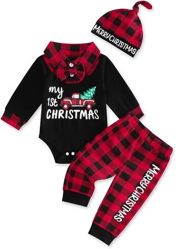 Perdeca My First Christmas Baby Boy Outfits Long Sleeve Romper Striped Pants with Hat Christmas Infant Clothes Sets in Saudi Arabia