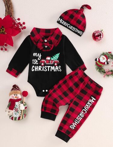 Perdeca My First Christmas Baby Boy Outfits Long Sleeve Romper Striped Pants with Hat Christmas Infant Clothes Sets in Saudi Arabia
