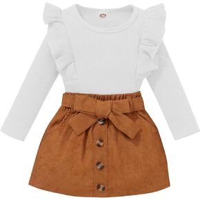 AMAWMW Toddler Baby Girl Fall Winter Clothes Long Sleeve Ruffle Shirt Corduroy Mini Skirt Infant Girl A-line Dress