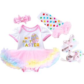 AGQT Baby Girls 1st Easter Outfit Set Short Sleeve 4Pcs Skirt Set 0-24 Months in Kuwait
