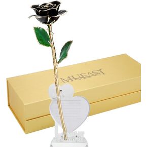 MUEAST 24K Gold Dipped Real Rose, Romantic Gift for Her Wife Mom Daughter Anniversary Valentines Day Christmas (Black with Love Stand)