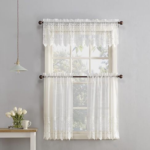 No. 918 Joy Macrame Lace Trim Semi-Sheer Rod Pocket Kitchen Curtain Valance, 60" x 15", Ivory in Saudi Arabia