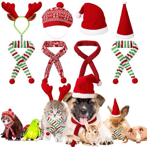 Kajaia 8 Pcs Dog Christmas Outfits, Dog Christmas Hat and Scarf Set Reindeer Elk Antlers Headband Costumes Xmas Dog Costumes Pet Santa Hat for Dogs and Cats Accessories in Saudi Arabia