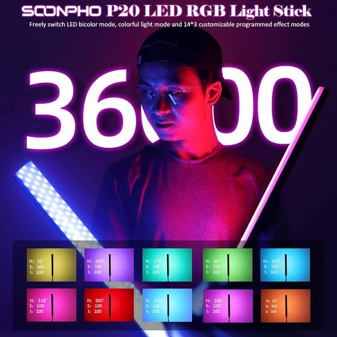 طقم عصا إضاءة فيديو LED من سونيفو P20 RGB مع عبوتين من بطارية 4400 مللي أمبير في الساعة، عصا إضاءة LED للتصوير الفوتوغرافي المحمولة - CRI≥97، 20 وات، 2500-8500 كلفن قابلة للتعتيم، 40 تأثير إضاءة مع حقيبة حمل in Kuwait