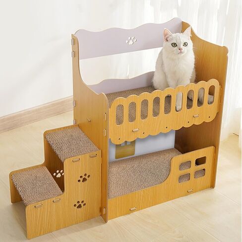 PINVNBY Cardboard Cat Scratcher House, Cat Scratcher Lounge, Cat Furniture as Cat Sofa Beds, 2 Story Wood Cat House with Cat Scratching Pad Board and Stairs, Cat Condos for Kittens Within 8lbs in Saudi Arabia