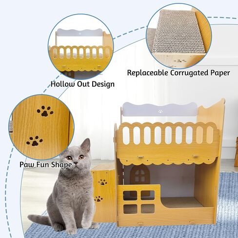 PINVNBY Cardboard Cat Scratcher House, Cat Scratcher Lounge, Cat Furniture as Cat Sofa Beds, 2 Story Wood Cat House with Cat Scratching Pad Board and Stairs, Cat Condos for Kittens Within 8lbs in Saudi Arabia