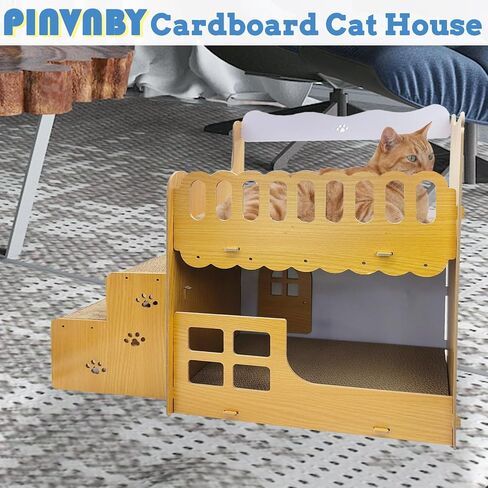 PINVNBY Cardboard Cat Scratcher House, Cat Scratcher Lounge, Cat Furniture as Cat Sofa Beds, 2 Story Wood Cat House with Cat Scratching Pad Board and Stairs, Cat Condos for Kittens Within 8lbs in Saudi Arabia