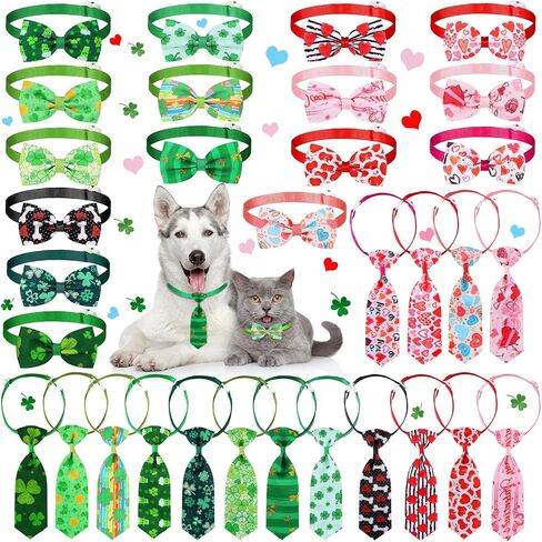 32 Pcs Valentine's Day Dog Bow Ties Collar Set St. Patrick's Day Pet Set Includes 16 Pieces Dog Bow Ties 16 Pieces Dog Neckties with Adjustable Collar Pet Accessories for Dogs Cats (Clover Heart) in Saudi Arabia