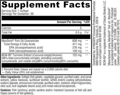 XYMOGEN Omega MonoPure Curcumin EC - زيت السمك مع امتصاص DHA EPA المعزز + مستخلص الكركم - مكمل أوميغا 3 لدعم توازن السيتوكين (30 كبسولة هلامية) in Saudi Arabia