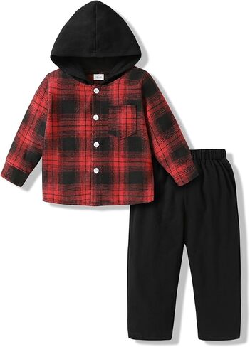 MAMAMI Kids Kids Baby Baby Boy ملابس منقوشة بأزرار سفلية مع قلنسوة، سراويل كاجوال، مجموعة أزياء الخريف والشتاء in Kuwait