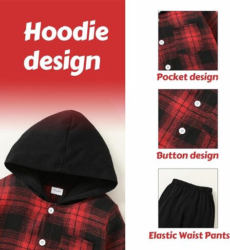 MAMAMI Kids Kids Baby Baby Boy ملابس منقوشة بأزرار سفلية مع قلنسوة، سراويل كاجوال، مجموعة أزياء الخريف والشتاء in Kuwait