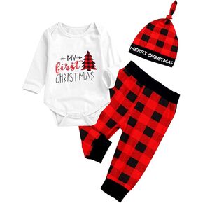 Baby Boys Girls My 1st Christmas Outfits Romper+Plaid Pants+Hat 3Pcs Clothes Set in Kuwait