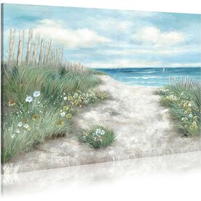 WALLSUP DECOR Abstract Beach Coastal Painting Canvas: Flower & Straw with Blue Sky Wall Art Seascape Artwork Picture for Living Room (36" x 24'' x 1 Panel) in Kuwait