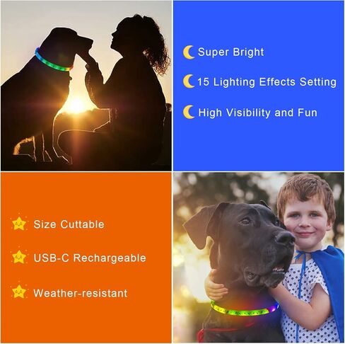 طوق للكلاب بإضاءة LED - أطواق للكلاب قابلة لإعادة الشحن عبر USB، 15 تأثيرات ضوئية تتوهج في الظلام، طوق مقاوم للطقس يناسب الكلاب الصغيرة والمتوسطة والكبيرة، يحافظ على سلامة حيواناتك الأليفة ورؤية عالية in Kuwait