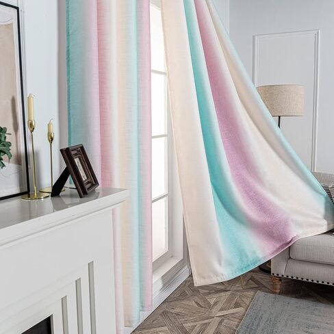 FY FIBER HOUSE Multicolor Curtains Gradient Grommet Darkening，Linen Look Pink and White Curtain for Living Dining Room,Decorative Window Ombre Drapes for Boys Girls Kids Bedroom 52Wx95L Inch 2 Panels in Kuwait