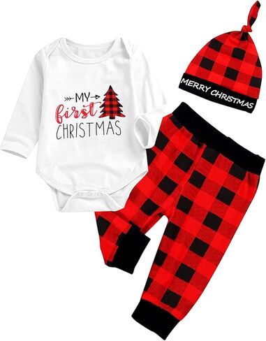 Baby Boys Girls My 1st Christmas Outfits Romper+Plaid Pants+Hat 3Pcs Clothes Set in Kuwait