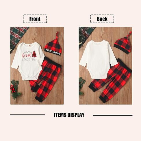 Baby Boys Girls My 1st Christmas Outfits Romper+Plaid Pants+Hat 3Pcs Clothes Set in Kuwait