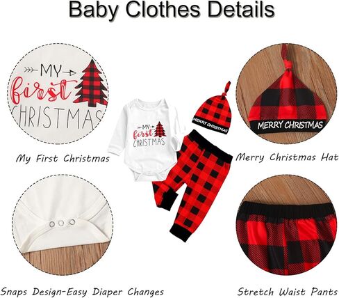 Baby Boys Girls My 1st Christmas Outfits Romper+Plaid Pants+Hat 3Pcs Clothes Set in Kuwait