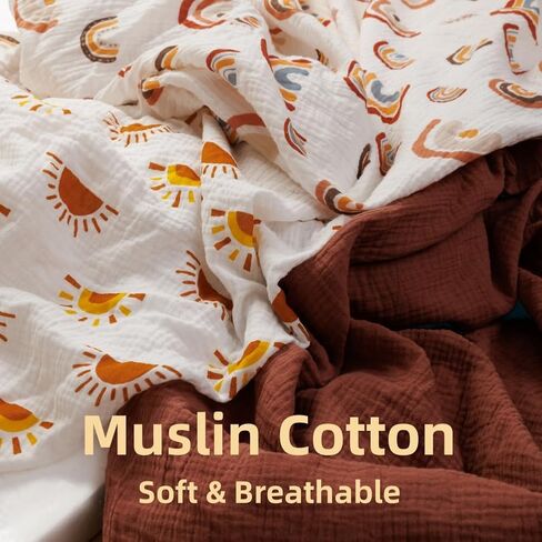 ملاءات سرير موسلين بوهو ملائمة للجنسين، ملاءات قطنية محايدة للجنسين للأطفال الأولاد والبنات، ملاءات ناعمة قابلة للتنفس للأطفال الصغار مع شمس بوهو وقوس قزح (ملاءة سرير) in Kuwait