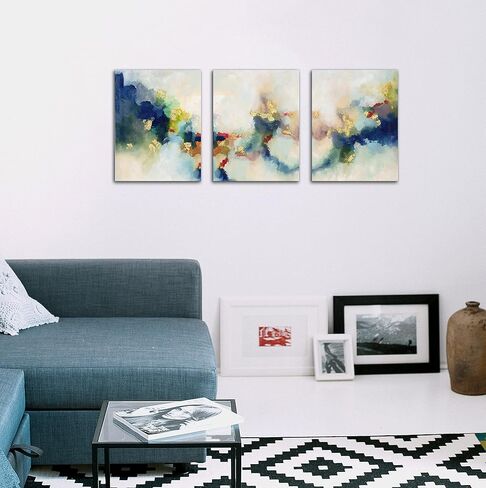 3 قطع من لوحات فنية جدارية تجريدية زرقاء لغرفة النوم، صور مطبوعة باللونين الأسود والذهبي مشدودة على القماش لديكور المنزل والمكتب، كل عمل فني ساحلي معاصر مؤطر مقاس 12 بوصة × 16 بوصة جاهز للتعليق in Kuwait