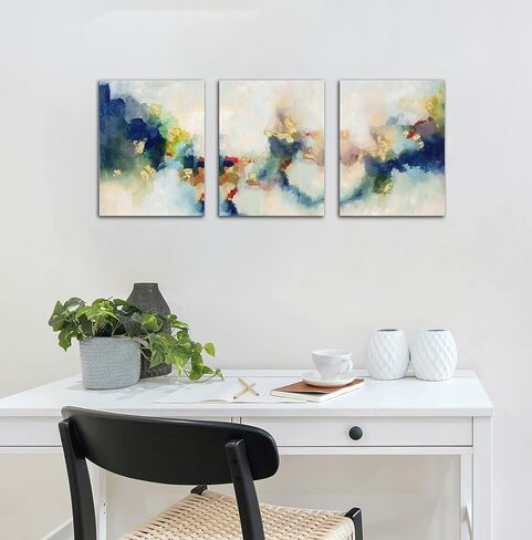 3 قطع من لوحات فنية جدارية تجريدية زرقاء لغرفة النوم، صور مطبوعة باللونين الأسود والذهبي مشدودة على القماش لديكور المنزل والمكتب، كل عمل فني ساحلي معاصر مؤطر مقاس 12 بوصة × 16 بوصة جاهز للتعليق in Kuwait