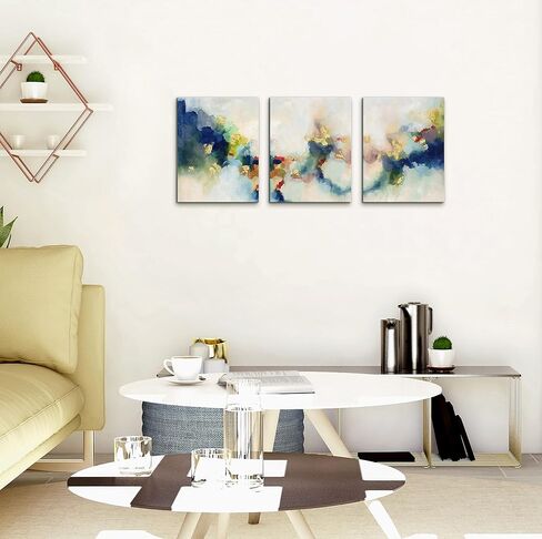 3 قطع من لوحات فنية جدارية تجريدية زرقاء لغرفة النوم، صور مطبوعة باللونين الأسود والذهبي مشدودة على القماش لديكور المنزل والمكتب، كل عمل فني ساحلي معاصر مؤطر مقاس 12 بوصة × 16 بوصة جاهز للتعليق in Kuwait