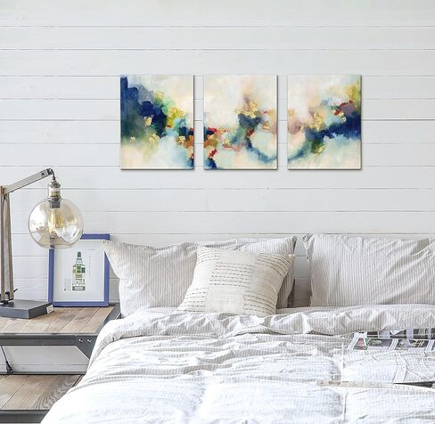 3 قطع من لوحات فنية جدارية تجريدية زرقاء لغرفة النوم، صور مطبوعة باللونين الأسود والذهبي مشدودة على القماش لديكور المنزل والمكتب، كل عمل فني ساحلي معاصر مؤطر مقاس 12 بوصة × 16 بوصة جاهز للتعليق in Kuwait