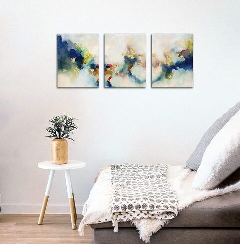 3 قطع من لوحات فنية جدارية تجريدية زرقاء لغرفة النوم، صور مطبوعة باللونين الأسود والذهبي مشدودة على القماش لديكور المنزل والمكتب، كل عمل فني ساحلي معاصر مؤطر مقاس 12 بوصة × 16 بوصة جاهز للتعليق in Kuwait