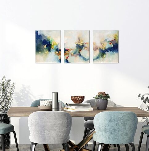 3 قطع من لوحات فنية جدارية تجريدية زرقاء لغرفة النوم، صور مطبوعة باللونين الأسود والذهبي مشدودة على القماش لديكور المنزل والمكتب، كل عمل فني ساحلي معاصر مؤطر مقاس 12 بوصة × 16 بوصة جاهز للتعليق in Kuwait