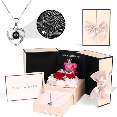 هدية عيد الحب من جينسوم لها، دمية دب وردية ووردية محفوظة، قلادة "أحبك" بـ 100 لغة، بطاقة أطيب التمنيات مع صندوق مضاء، مثالية للصديقة والزوجة في عيد الميلاد والذكرى السنوية in Kuwait