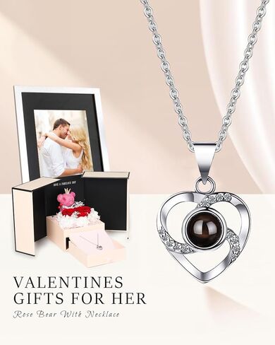 هدية عيد الحب من جينسوم لها، دمية دب وردية ووردية محفوظة، قلادة "أحبك" بـ 100 لغة، بطاقة أطيب التمنيات مع صندوق مضاء، مثالية للصديقة والزوجة في عيد الميلاد والذكرى السنوية in Kuwait